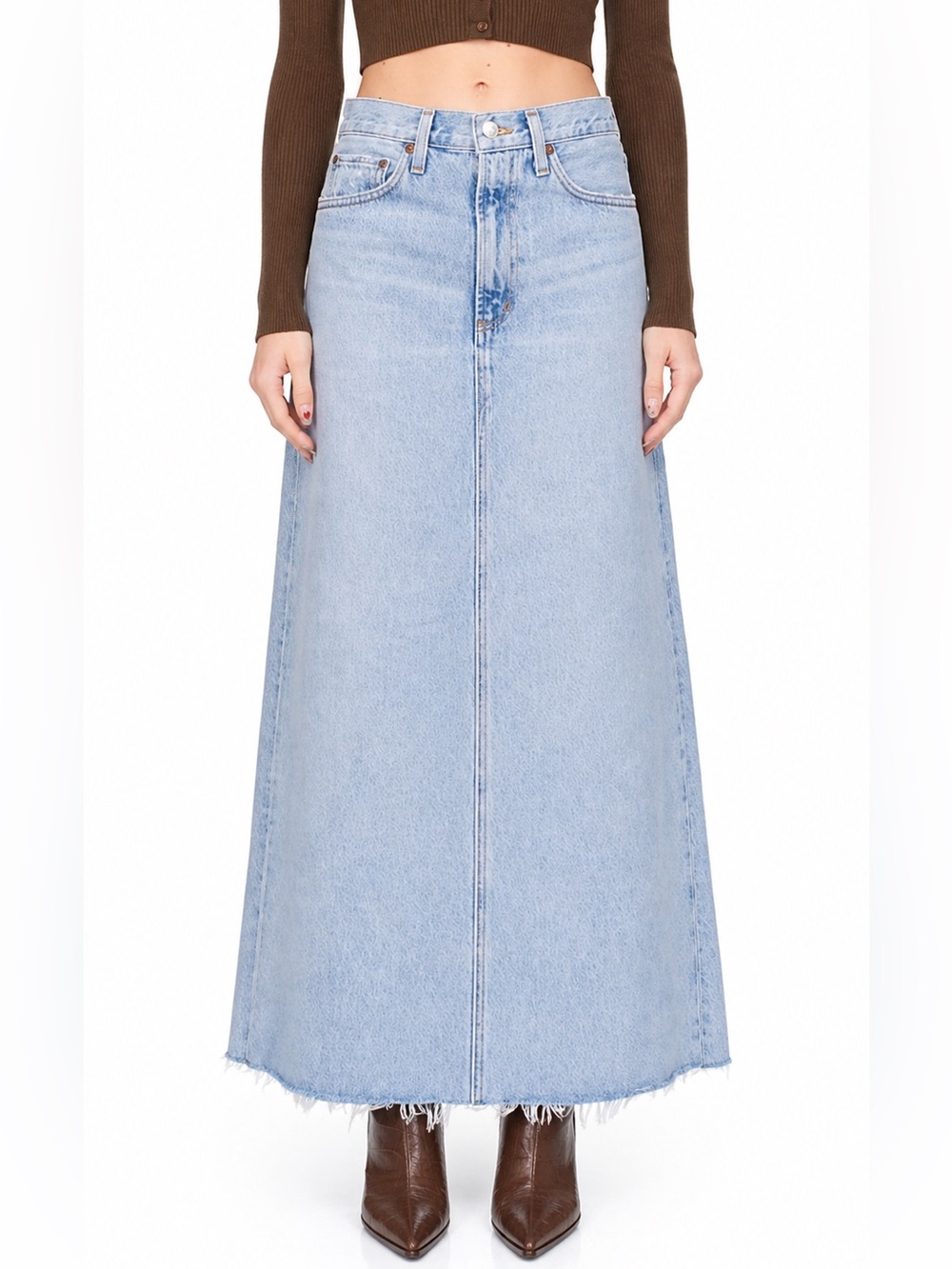 AGOLDE Hilla Denim Midi Skirt in Practice Raw Hem Size 26 (US 2) Organic Cotton